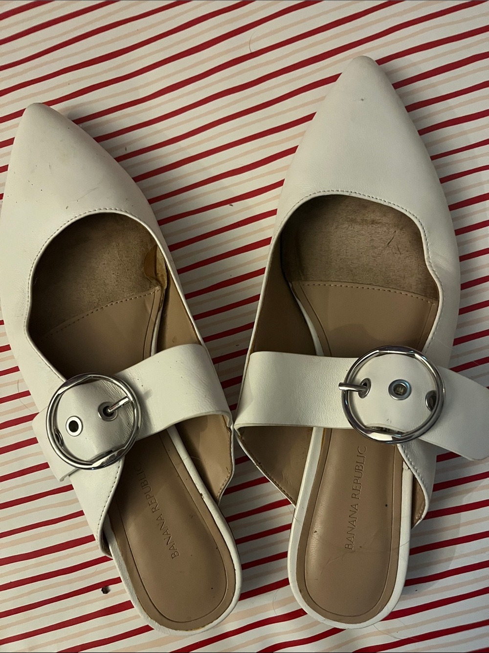 Banana Republic White Pointed Mule Flats with Silver Buckle